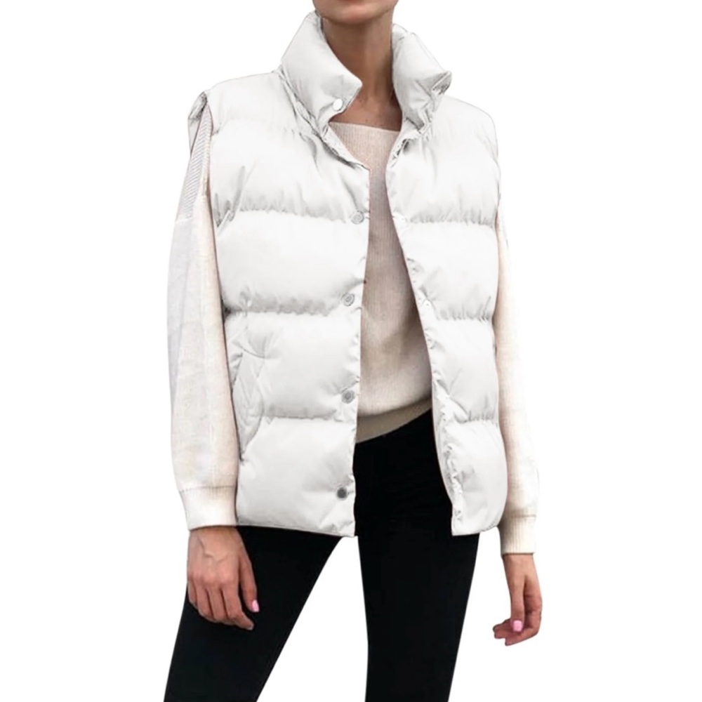 Women’s White Quilted Puffer Vest Full-Zip High Collar Size Medium